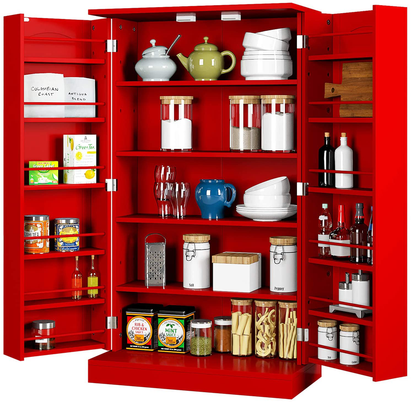 HOMEFORT Kitchen Pantry Cabinet, Storage Cabinet with 6 Adjustable Shelves, Space Saving Cupboard Cabinet for Kitchen, Garage, Pantry, Office, Patio (Red)
