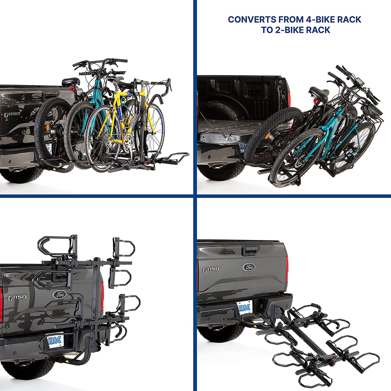 KAC Overdrive Sports K4 2” Hitch Mounted Rack 4-Bike Platform Style Carrier for Standard, Fat Tire, and Electric Bicycles – 60 lbs/Bike Heavy Weight Capacity - Smart Tilting – RV Use Prohibited