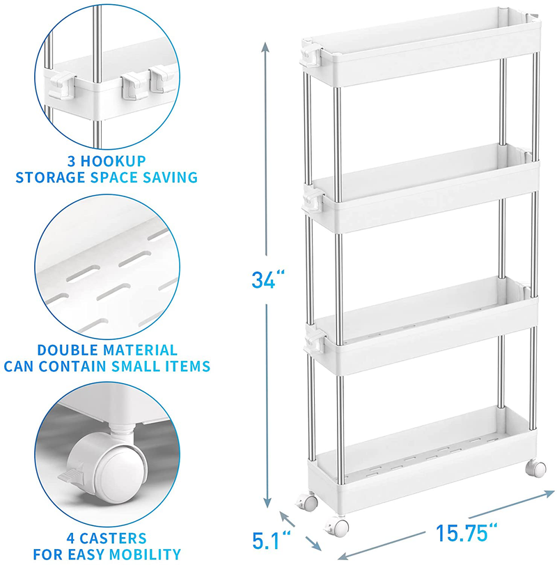 SPACEKEEPER 4 Tier Slim Storage Cart Mobile Shelving Unit Organizer Slide Out Storage Rolling Utility Cart Tower Rack for Kitchen Bathroom Laundry Narrow Places, Plastic & Stainless Steel, White