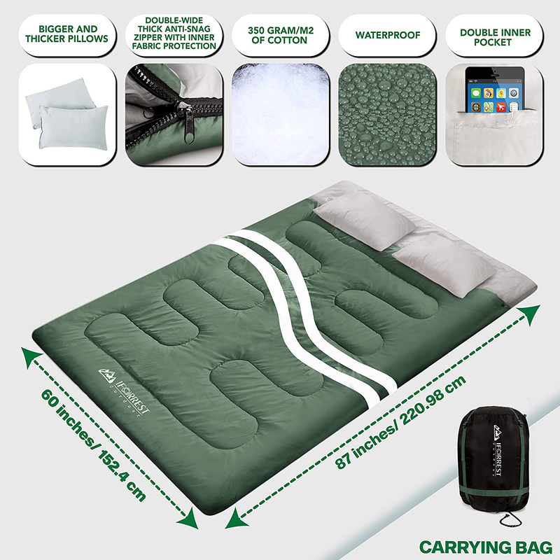 IFORREST Double Sleeping Bag for Adults - 2 Person Cold Weather (3-4 Seasons) Camping Bed, Extra-Wide & Warm, King Size XL with 2 Pillows
