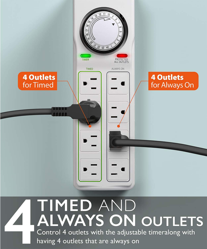 Fosmon 8-Outlet Surge Protector Timer, 24-Hours Mechanical Timer (4 Outlets Timed, 4 Outlets Always On) Power Strip Grounded Electrical Outlet for Plant Grow Lights, Reptile, Aquarium, ETL Listed