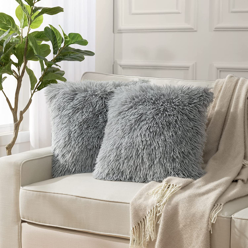 Hblife Pack of 2 Decorative Faux Fur Throw Pillow Covers Super Soft Luxury Cushion Pillowcase Fluffy Fuzzy Square Pillow Case for Bed Sofa Chair, 18X18 Inch Grey