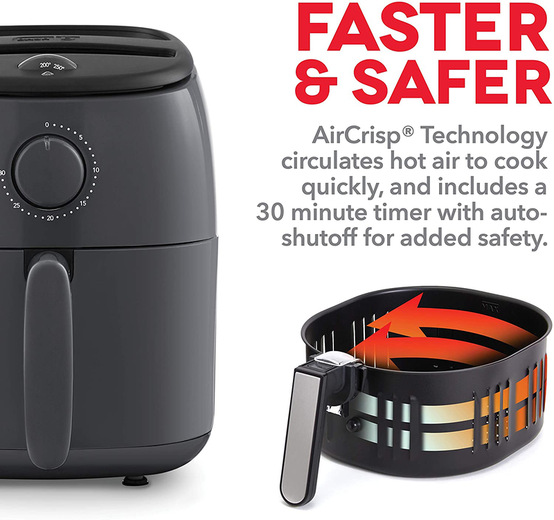 Dash DCAF200GBGY02 Tasti Crisp Electric Air Fryer Oven Cooker with Temperature Control, Non-stick Fry Basket, Recipe Guide + Auto Shut Off Feature, 1000-Watt, 2.6Qt, Grey