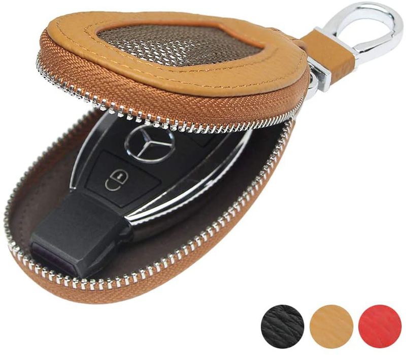 VSLIH Genuine Leather Key Case Car Smart Key Cover Keychain Holder Metal Hook and Keyring Zipper mesh Wallet Auto Remote Key Fob