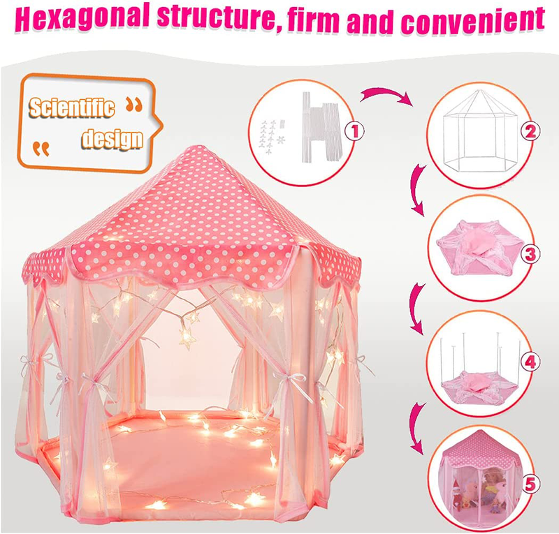 Ebuddy Little World 18" Baby Doll House Camping Tent Accessories Set Pink Princess Castle Portable Playhouse with Unicorn Doll Star LED Lights for 10-18 Inch Dolls