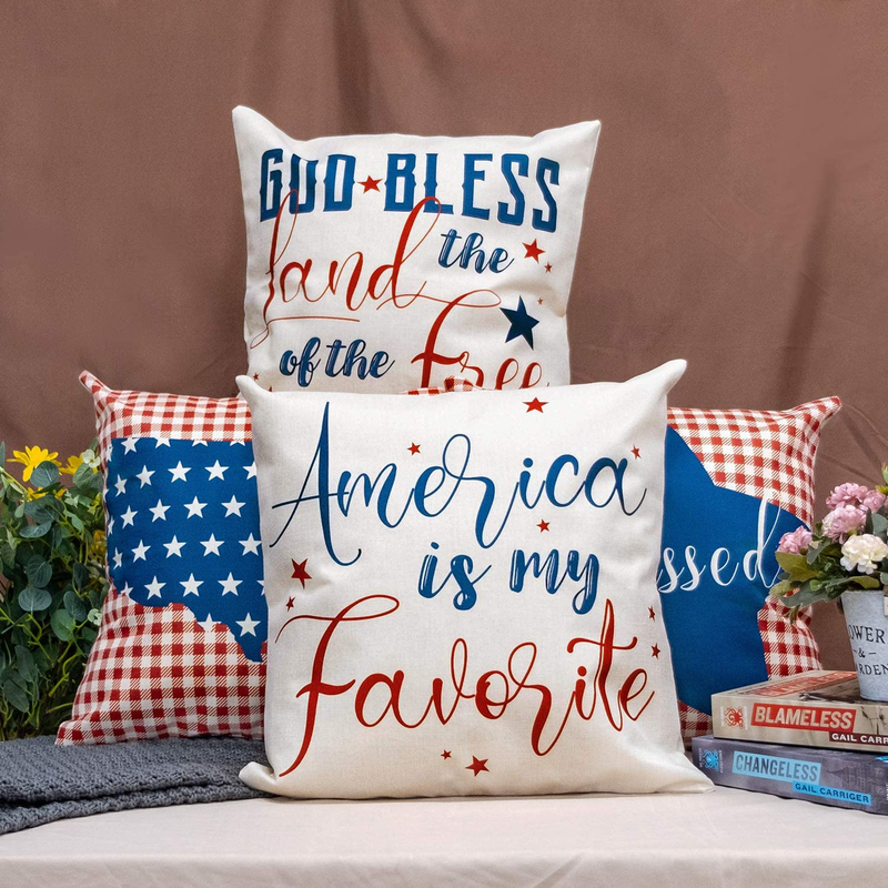 Patriotic Pillow Covers 4th of July Independence Day American Map Stars Blessed Red and Blue Buffalo Check Quote Rustic Bedroom Decor Cushion Covers Linen Decorative Square Set of 4 18x18 inch