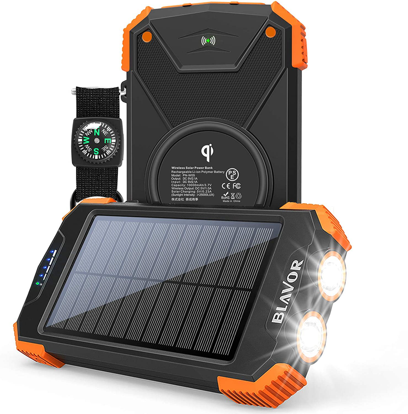 Solar Power Bank, Qi Portable Charger 10,000Mah External Battery Pack Type C Input Port Dual Flashlight, Compass, Solar Panel Charging (Orange)
