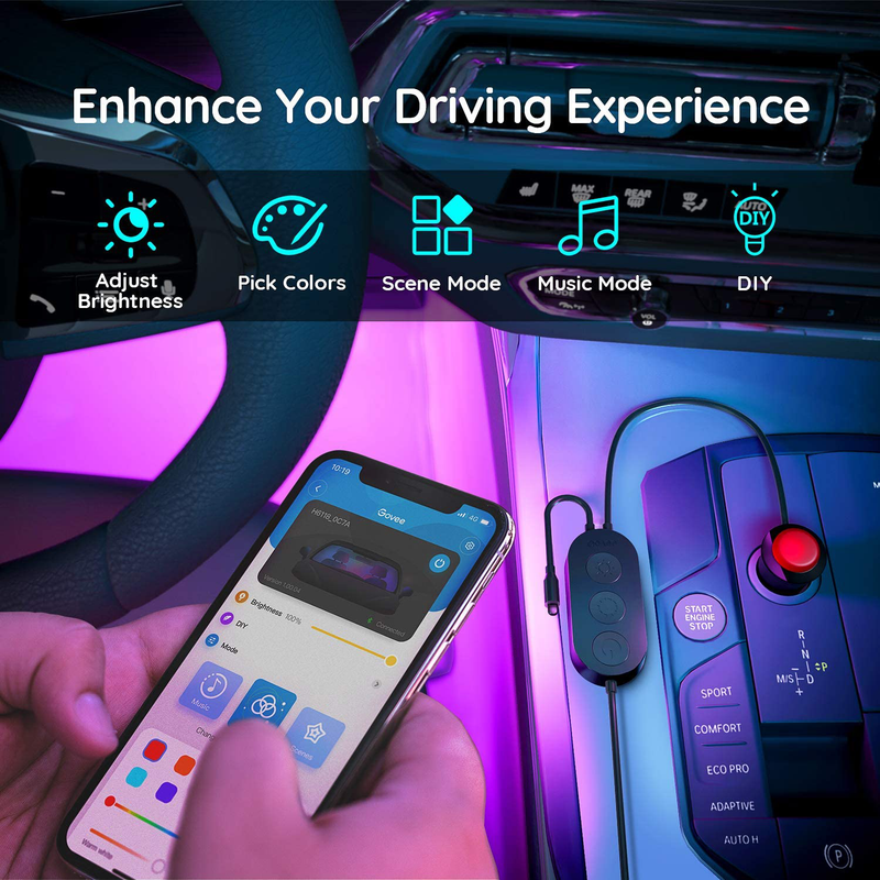 Govee Interior Car Lights with APP Control and Remote Control, Music Sync Car LED Lights, 2 Lines Design, 16 Million Colors, 7 Scene Modes, RGB Under Dash Car Lighting with Car Charger, DC 12V