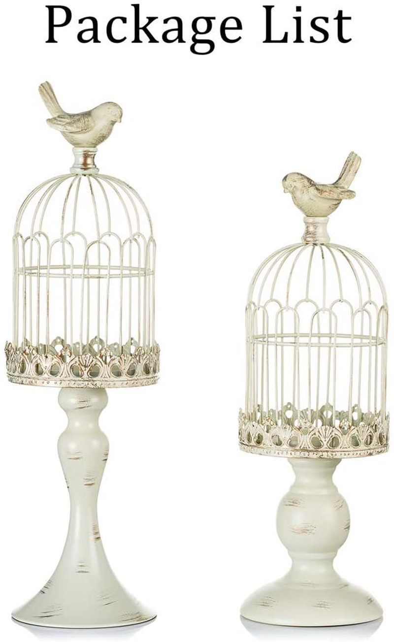 Sziqiqi Vintage Bird Cage Decorative Candle Lantern Set of 2 Decorative Pedestal Candle Holders for Pillar Candle for Tabletop Wedding Centerpiece Fireplace Mantel Decor Distressed Ivory