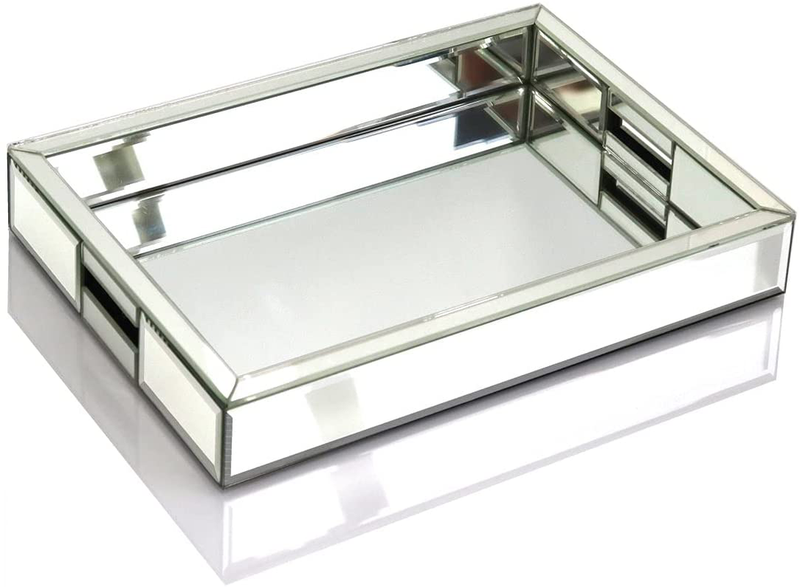 Rectangle Silver Mirror Decorative Tray Size 11” Length x 14” Width x 2” Height, Mirrored Vanity Organizer with Hand, Markup Perfume Jewelry Tray for Bathroom Bedroom Dresser Coffee Table qmdecor