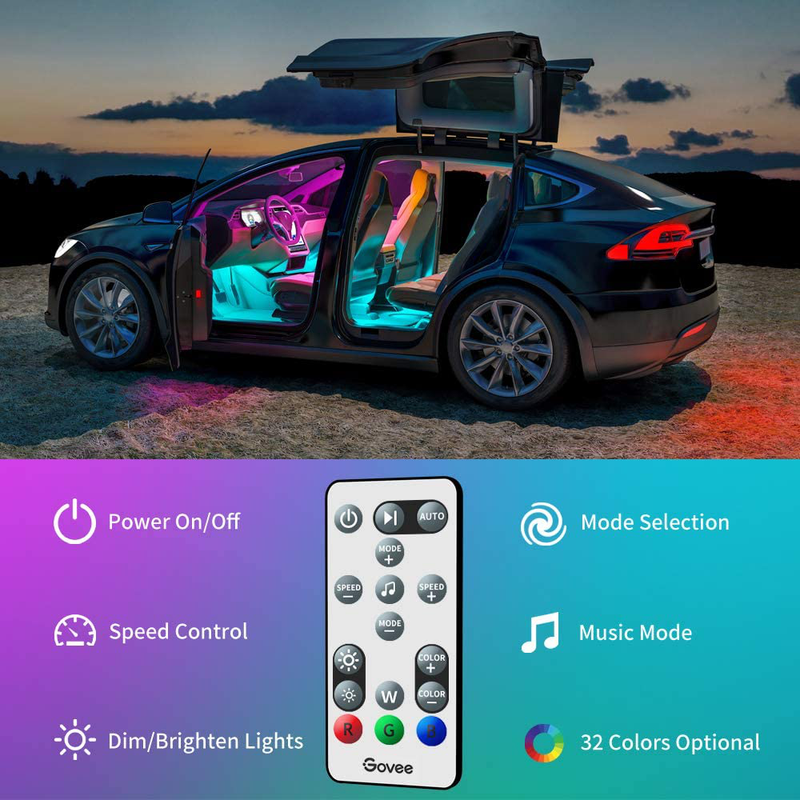 Govee Interior Car Lights, Interior Car LED Lights with Remote and Control Box, Two-Line Design RGB Car Interior Light with 32 Colors, Music Sync for Various Car DC 12V