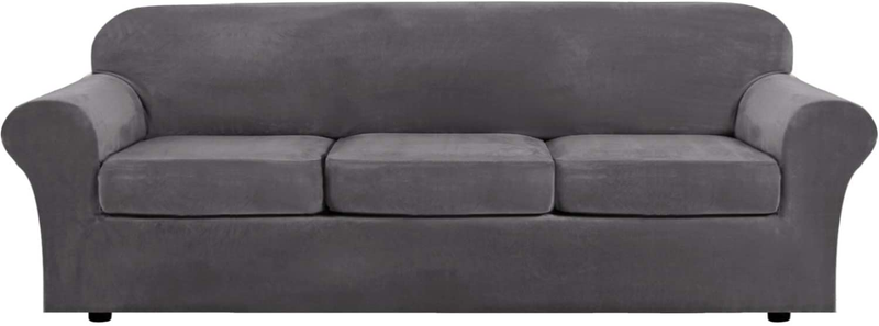 Modern Velvet Plush 4 Piece High Stretch Sofa Slipcover Strap Sofa Cover Furniture Protector Form Fit Luxury Thick Velvet Sofa Cover for 3 Cushion Couch, Machine Washable(Sofa,Gray)