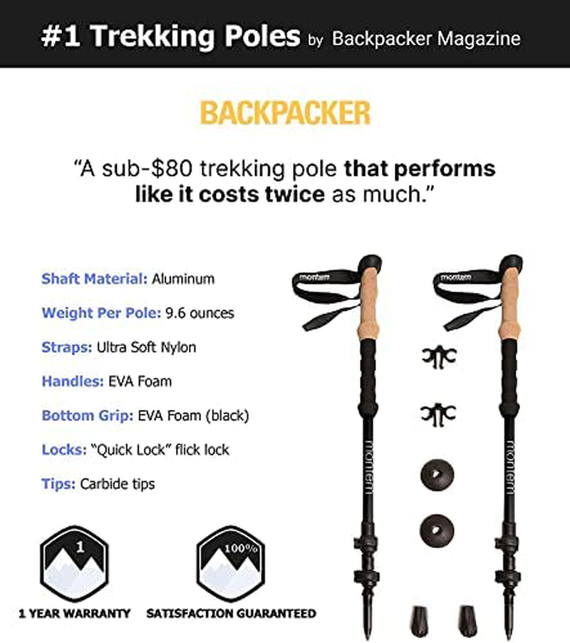 Montem Ultra Strong Trekking, Walking, and Hiking Poles - One Pair (2 Poles) - Collapsible, Lightweight, Quick Locking, and Ultra Durable