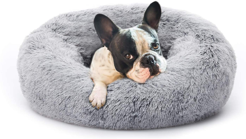 Eterish Fluffy round Calming Dog Bed Plush Faux Fur, Anxiety Donut Dog Bed for Small, Medium Dogs and Cats, Pet Cat Bed with Raised Rim, Machine Washable