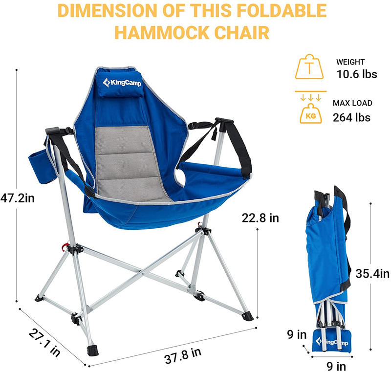 Kingcamp Camping Chair Folding Aluminum Alloy Foldable Hammock Chair Rocking Chair Swing Recliner with Pillow for Travel Lawn Beach Picnic - Blue