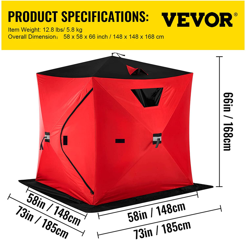 VEVOR 2 Person Ice Fishing Shelter, 300D Oxford Fabric Waterproof Ice Fishing Tent, Pop-Up Portable Isulated Ice Fishing Shelter (RED)