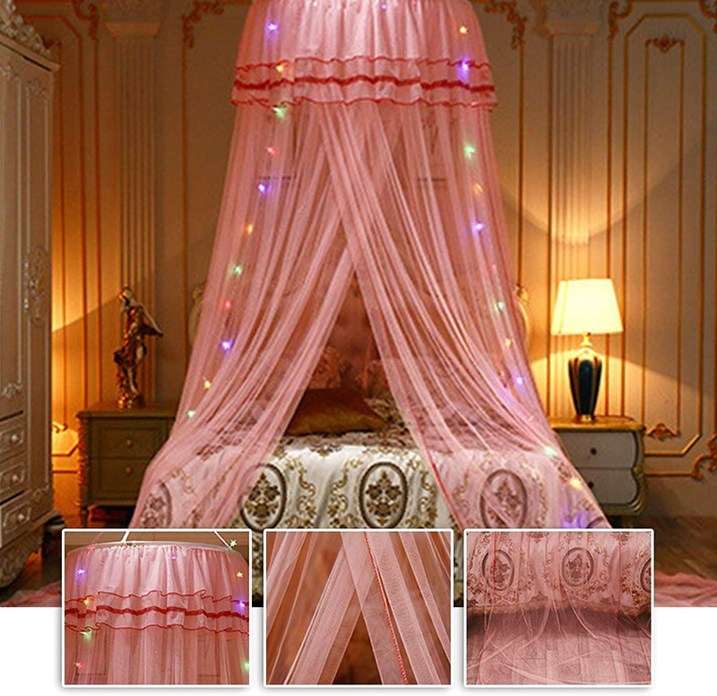 JETH Mosquito Net Bed Canopy, for Single to King Size, Finest Holes: Mesh, Curtain Netting, No Chemicals Added, Princess Bed Cover Curtain Bedding Dome Lace LED Light for Girls Boys Adults (Purple)
