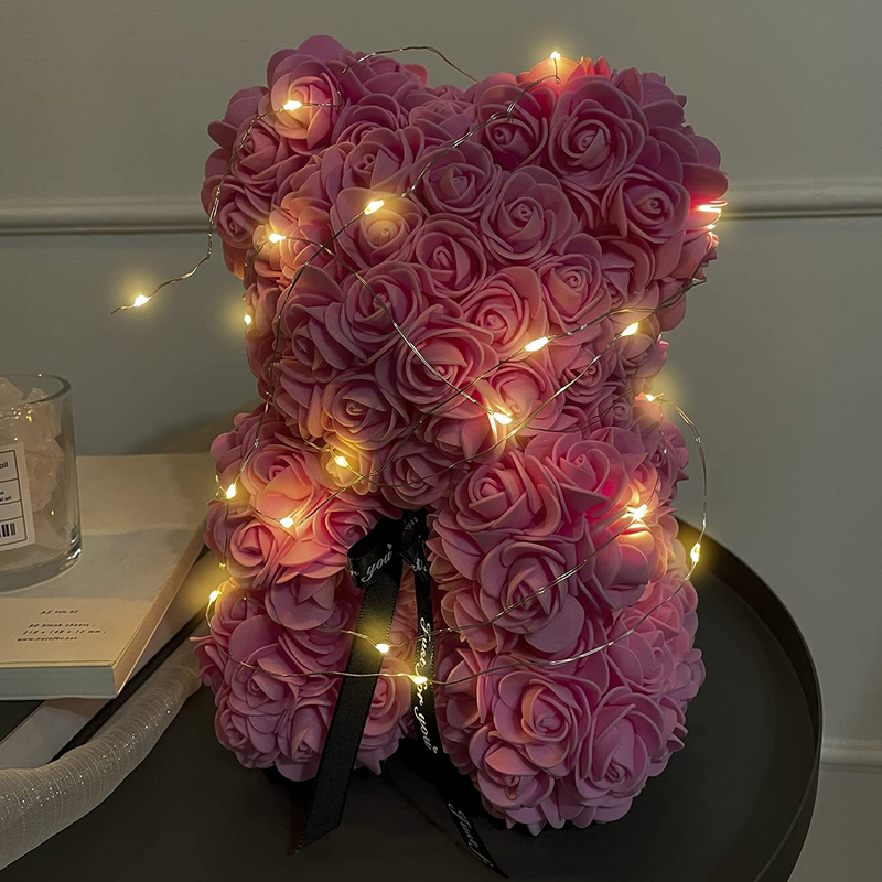 Rose Flower Bear with Light for Christmas - 10 Inch Teddy Flower Bear - Artificial Flowers - Gift for Mothers Day, Valentines Day, Anniversary & Bridal Showers Weddings Clear Gift Box