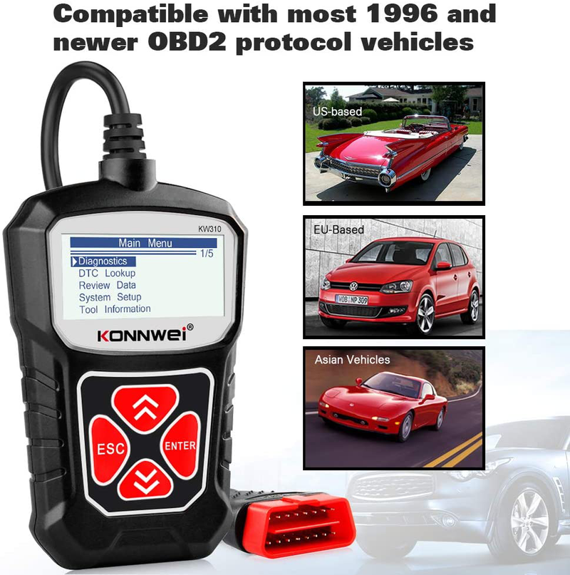 KONNWEI KW310 OBD2 Scanner Full OBDII Functions 10 Modes Car Engine Diagnostic Scanner Tool for All 1996 and Newer Cars (Black)