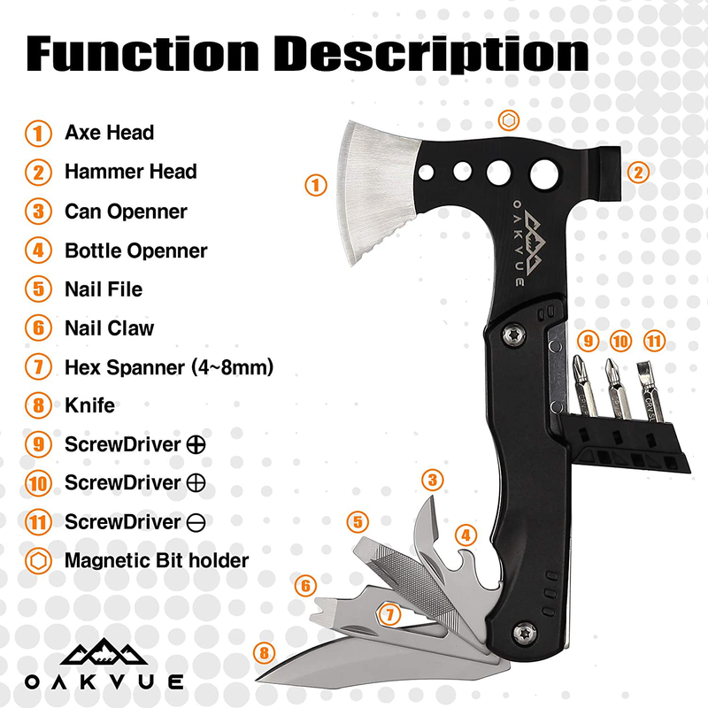 OAKVUE Axe Multitool – 12 in 1 Axe Tool for Hiking and Camping – Practical and Compact Camping Multitool – Multitool with Screwdriver, Bottle Opener
