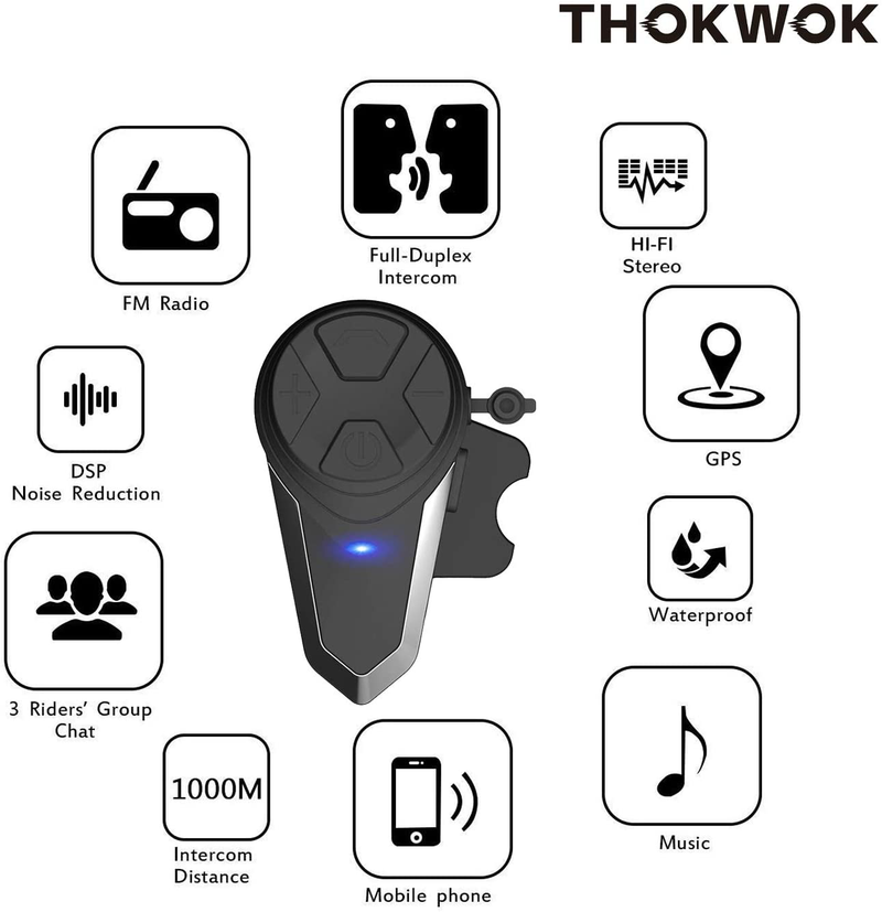 THOKWOK Motorcycle Bluetooth Intercom,BT-S3 1000m Helmet Bluetooth Headset, Motorcycle Bluetooth Communication System for Ski/ATV/Dirt Bike/Off Road Up to 3 Riders(Boom Microphone, Pack 1)
