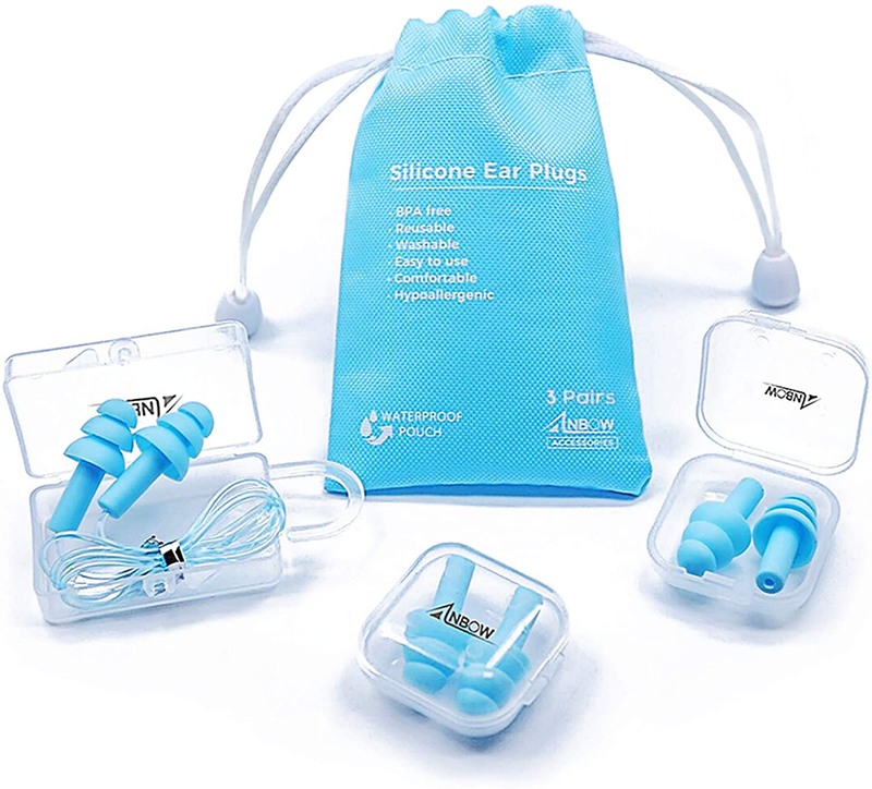 Reusable Silicone Ear Plugs - ANBOW Waterproof Noise Reduction Earplugs for Sleeping, Swimming, Snoring, Concerts, 32dB Highest NRR, 3 Pairs with Bonus Travel Pouch