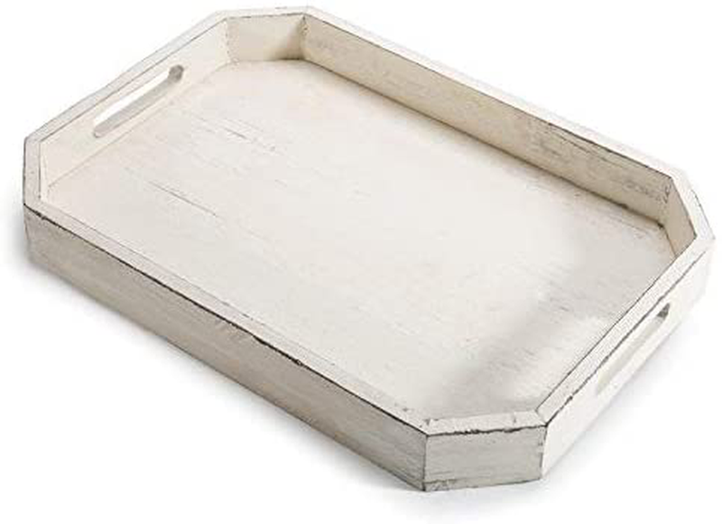 MyGift Rustic Whitewashed Wood Serving Tray with Cut-out Handles and Angled Edges for Breakfast in Bed, Coffee Tables, and Party Decor