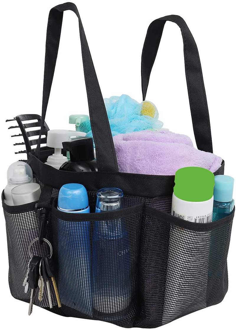 Mesh Shower Caddy Portable for College Dorm Room Essentials, Hanging Large Shower Tote Bag Toiletry Organizer with Key Hook for Bathroom Accessories(Black)