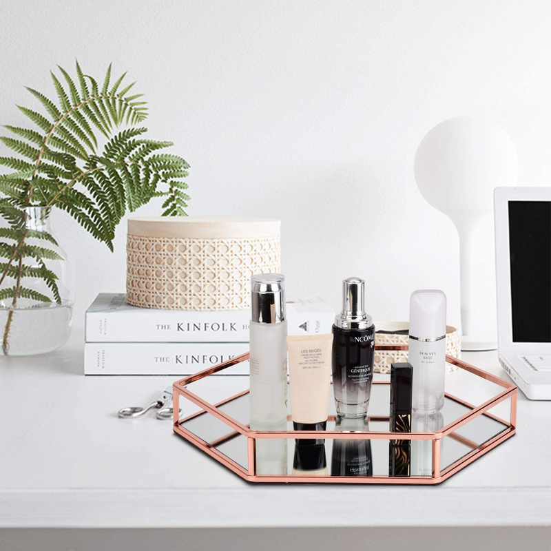 Hexagon Glossy Rose Gold Metal and Mirror Decorative Glass Tray, Perfect Storage Organizer Ottoman Coffee Table Serving Vanity Tray for All Occasions (Rose Gold, 13.813.82.2 inch)
