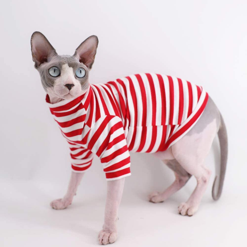 Sphynx Hairless Cat Red Stripe Breathable Summer Cotton T-Shirts Pet Clothes,Round Collar Vest Kitten Shirts Sleeveless, Cats & Small Dogs Apparel