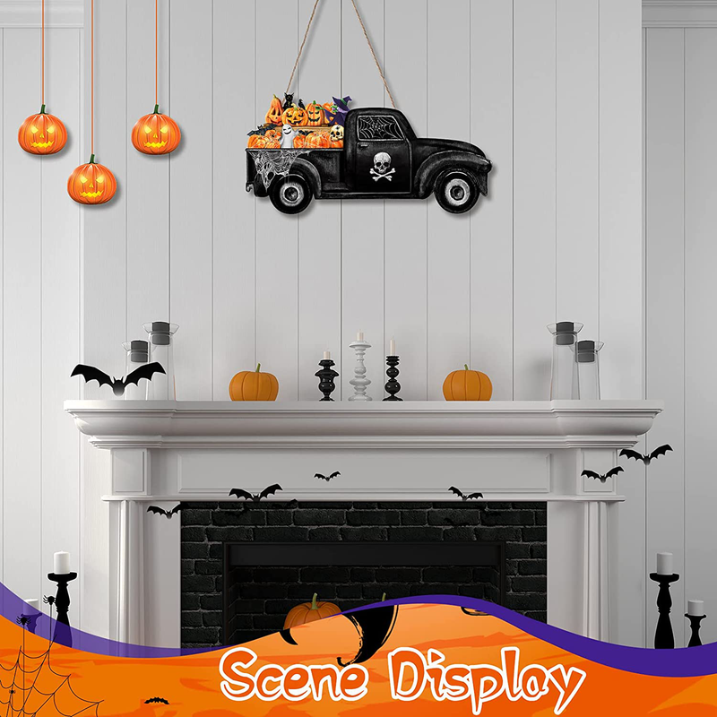 Pinkunn Halloween Pumpkin Hanging Sign Wood Ghost Truck Hanging Sign Halloween Front Door Hanger Wooden Door Wall Sign with Lamp String Light and Rope, 13.4 x 7.7 Inch for Halloween DIY Craft Decor