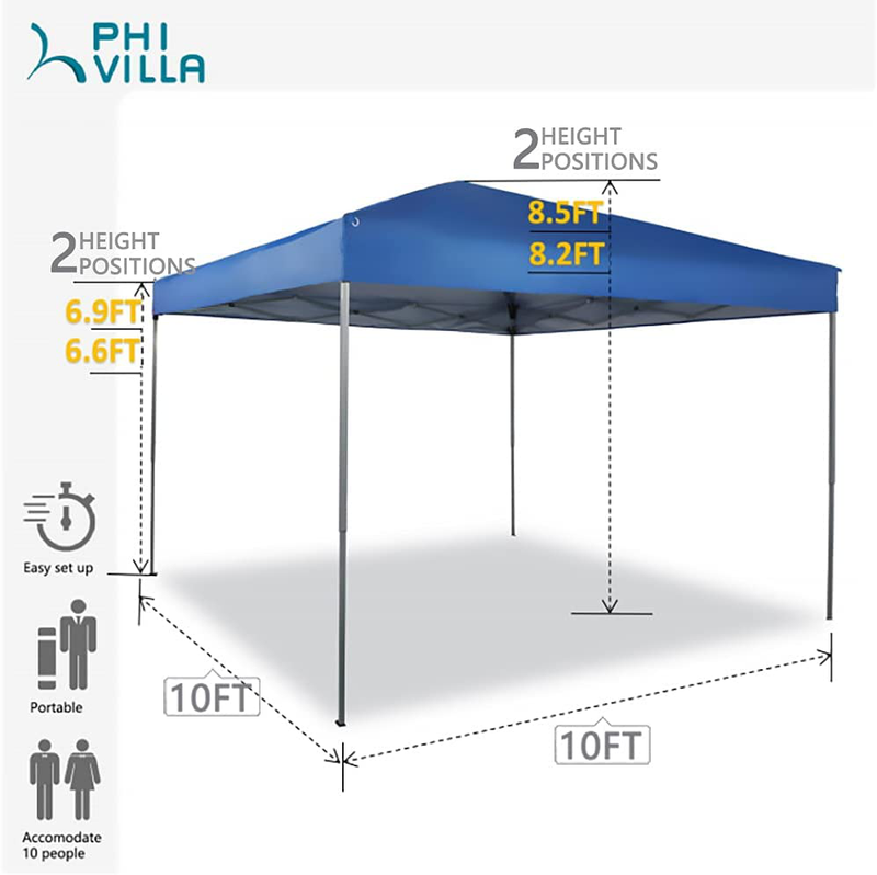 PHI VILLA 10 x 10ft Portable Pop Up Canopy Event Tent Party Tent, 100 Sq. Ft of Shade (Blue)