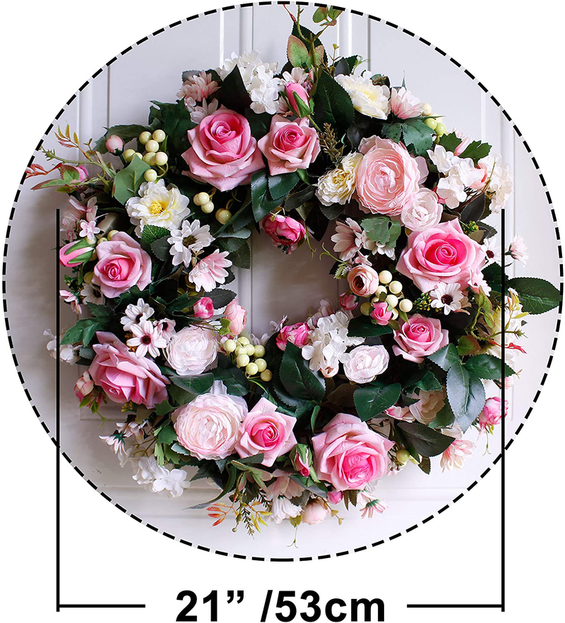 Dseap Wreath - 21”, Rose: Large Rustic Farmhouse Decorative Artificial Flower Wreath, Faux Floral Wreath for Front Door Window Wedding Outdoor Indoor - Round, Pink