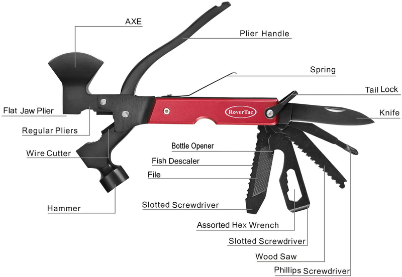 Rovertac Camping Accessories Multitool Hatchet Survival Gear Christmas Gifts for Men Dad Husband 14 in 1 Multi Tool Axe Hammer Knife Saw Screwdrivers Pliers Bottle Opener Durable Sheath