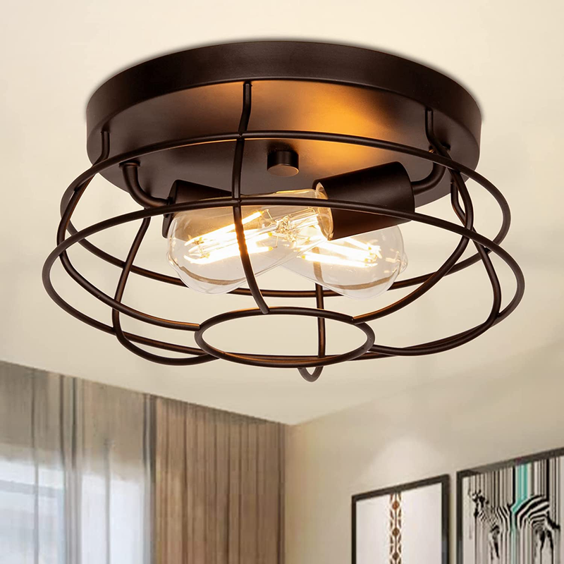 Light Fixtures Ceiling Mount, Boncoo Farmhouse Light Fixtures with Black Metal Cage E26 Industrial Light Fixture Rustic Close to Ceiling Light for Hallway, Kitchen, Dining Room, Living Room