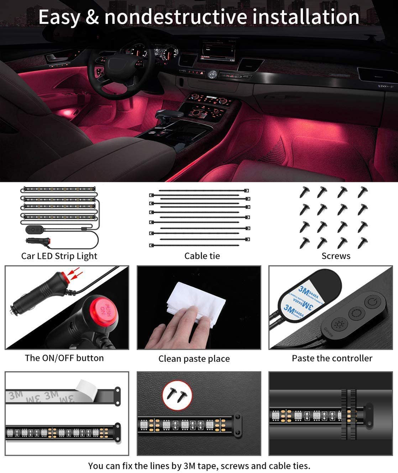 Govee Interior Car Lights, LED Car Strip Lights with 2 Lines Waterproof Design, 48 LEDs App Control Car Light Kit, DIY Mode and Music Sync Under Dash Car Lighting with Car Charger, DC 12V