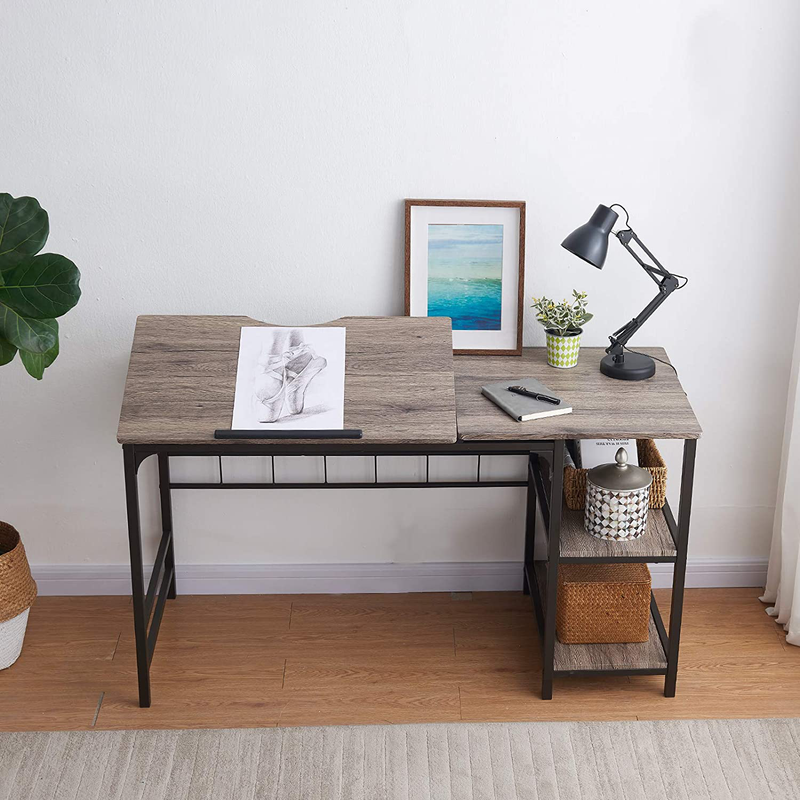 OIAHOMY Home Office Desk 55” Computer Desk, Large Draft Drawing Table with 2-Tier Shelf Multifunctional Study Writing Table, Tiltable PC Laptop Desk Workstation Modern Art Craft Desk -Grey Oak