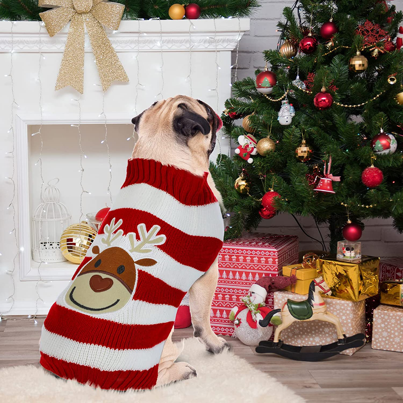 Frienda 3 Pieces Christmas Dog Sweater Soft Striped Pet Sweater Cute Reindeer Dog Sweater Turtleneck Pet Sweater Winter Warm Puppy Knitwear Cold Weather Pet Clothes for Dogs Puppy Kitten Cats