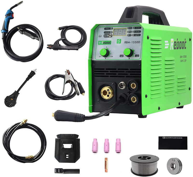 Reboot MIG Welder Flux Core 5 in 1 110/220V MIG155D Gas/Gasless 155 Amp Spool Gun Available Stick Mig TIG Welding Machine Solid Wire Automatic Feed Inverter MMA ARC Welding