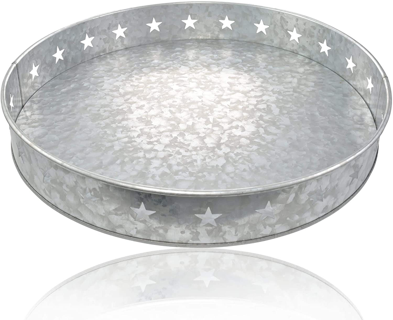 TinnLizzie Galvanized Metal Round Serving Tray Butler Tray - Decorative Centerpiece for Coffee Table or Dining Table, Vintage Farmhouse Decoration for Modern Kitchens, Rustic Accessories for Parties