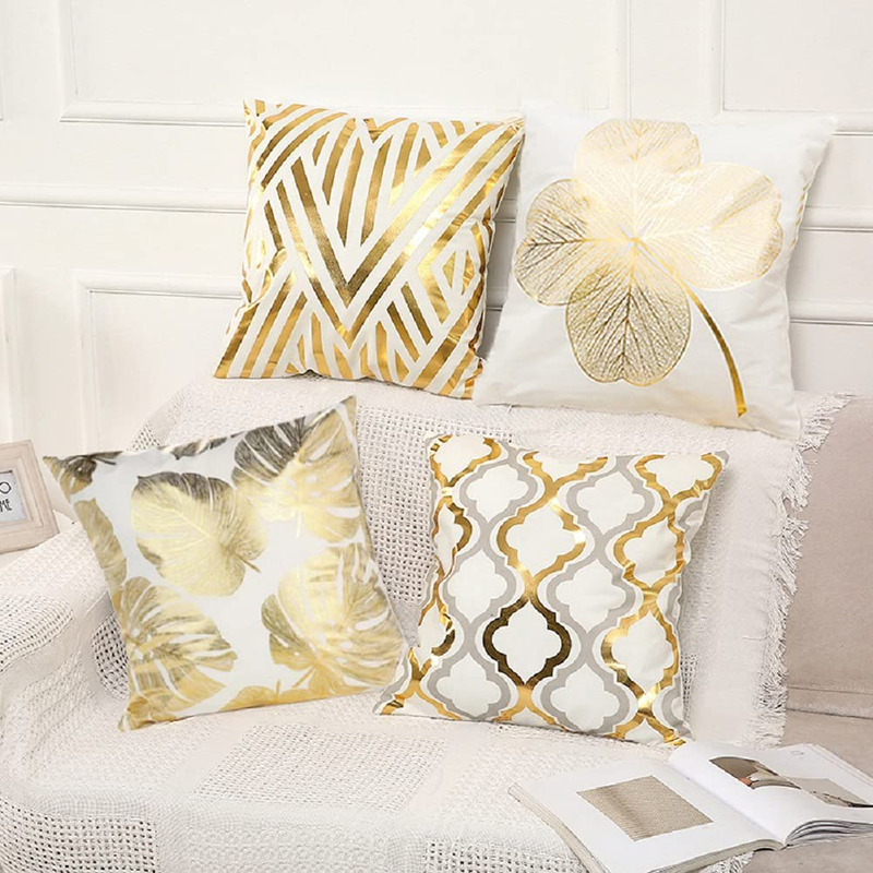 JUFANGFIN Gold Foil Geometric Throw Pillow Covers 18X18 Inch,Set of 4 Farmhouse Geometric Leaves Dercoration,Square Couch Sofa Cushion Covers for Living Bed Room,Outdoor Patio Home Decor(Gold Foil-1)