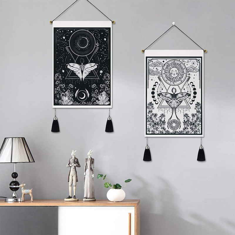 Pack of 2 Tapestry Sun and Moon Tapestry Moth Tapestries Black and White Tapestry Flower Vine Tapestry Wall Hanging for Room (13.8 x 19.7 inches)