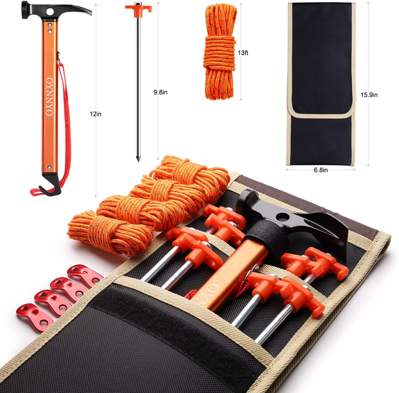 OYNNYO Camping Accessories Kit, 8Pcs 10In Heavy Duty Tent Stakes + 12In Heavy Duty Camping Hammer(Orange) + 4 Pack 9.8Ft Tent Rope with Aluminum Cord Adjuster + Storage Bag