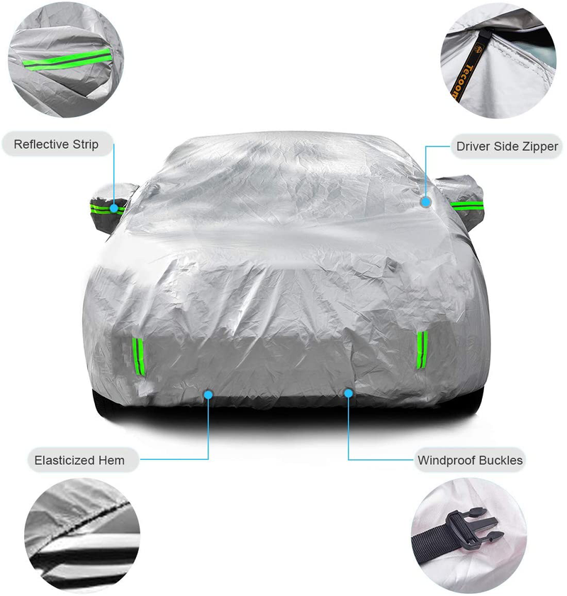 Tecoom Light Shell Breathable Material Classic Zipper Design Waterproof UV-Proof Windproof Car Cover for All Weather Indoor Outdoor Fit 180-195 inches SUV