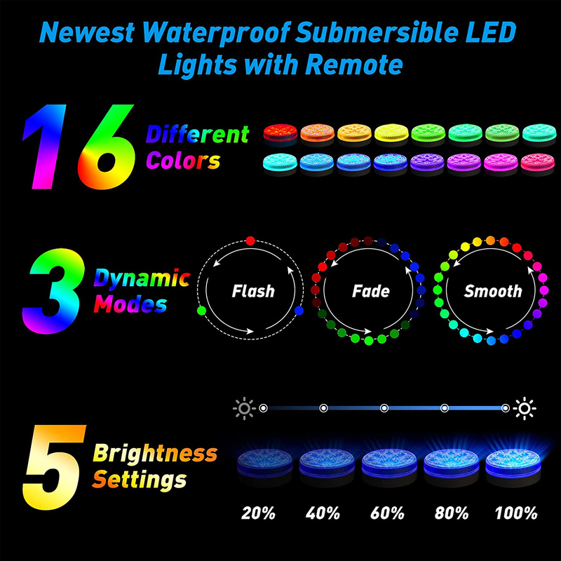 Pecsosso Submersible LED Pool Light,Upgraded IP68 Waterproof Pool Light Underwater with Remote RF, 4 Magnets,4 Suction Cups,13 Extra Bright LEDs, 16 RGB Dynamic Color (4 PCS)