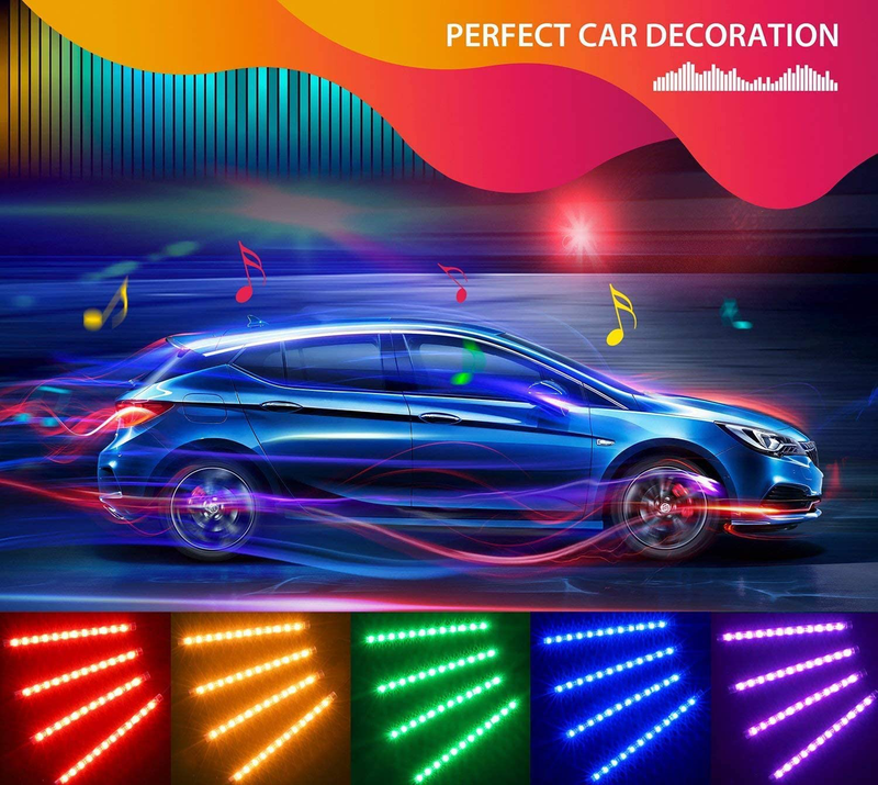 MINGER Unifilar Car LED Strip Light, 4pcs 48 LED APP Controller Car Interior Lights, Waterproof Multicolor Music Under Dash Lighting Kits for iPhone Android Smart Phone, Car Charger Included, DC 12V