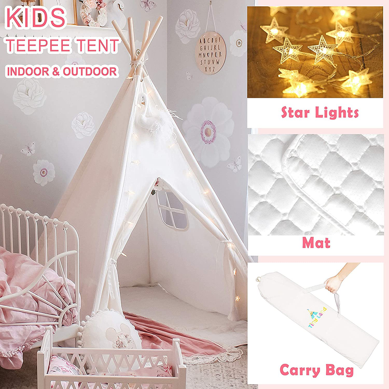 Tiny Land Kids Teepee Tent-Toys for 3,4,5,6 Year Old Girls-Kids Foldable Play Tent with Mat & Light String & Carry Case, White Canvas Teepee Indoor Outdoor Games-Kids Playhouse-Kids Tent