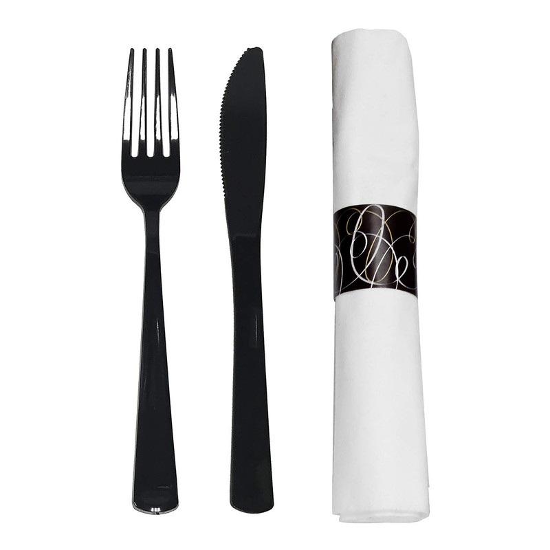 Party Essentials - N501732 Extra Heavy Duty Cutlery Kit with Black Fork/Knife/Spoon and 3-Ply White Napkin (Case of 300 rolls)