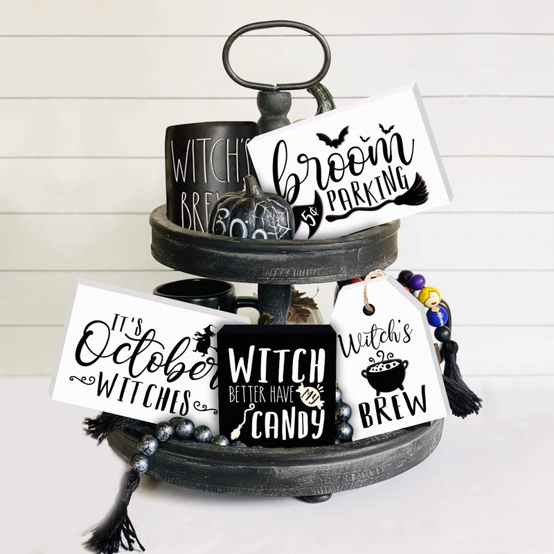 Huray Rayho Halloween Witches Tiered Tray Decorations Rustic Halloween Poison Candy Bar Signs Vintage Black and White Rae Dunn Decor Farmhouse Autumn Fall Supplies Set of 4