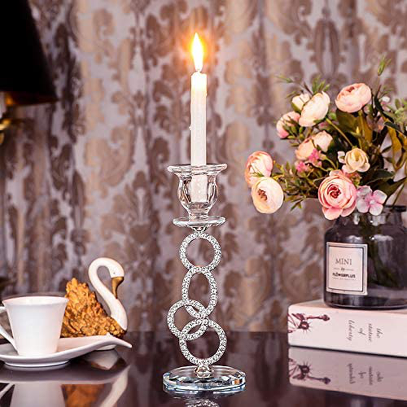 Crystal Glass Taper Candle Holders, Candle Holders for Taper Candle,Candlestick Holders, Taper Candle Holder for Coffee Dining Table, Wedding Gifts,Christmas ,Home Decoration, Set of 2 (Silver)